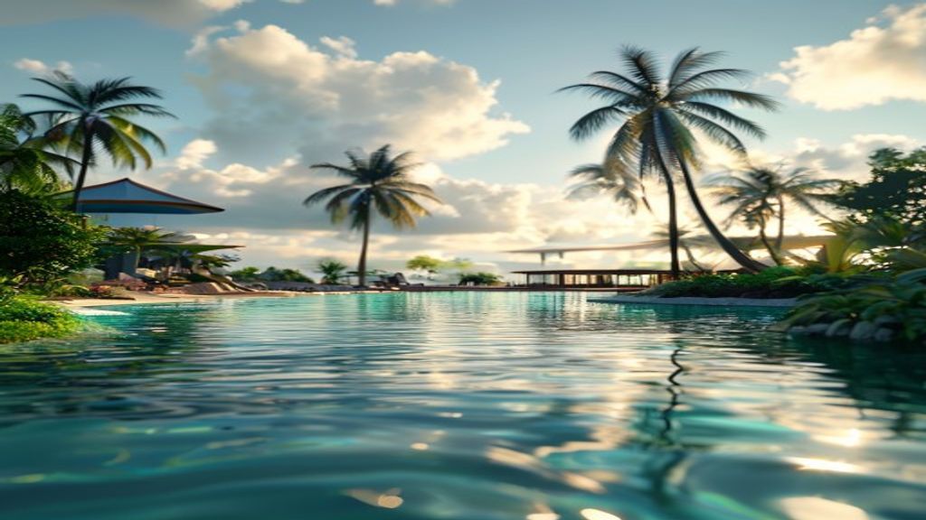 Luxury beachfront view of Amrit Ocean Resort with sparkling pool and palm trees.