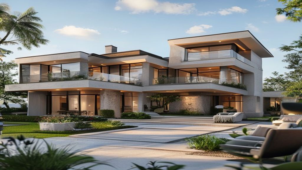 Elegant modern mansion with floor‑to‑ceiling windows, manicured garden, and sparkling pool reflecting sunset